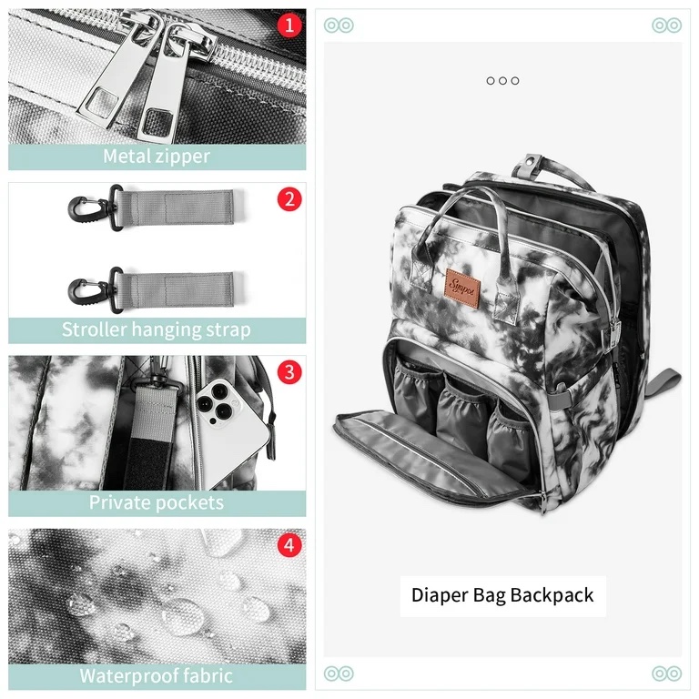 Bolsa pañalera tipo backpack impermeable (print gris y negro)