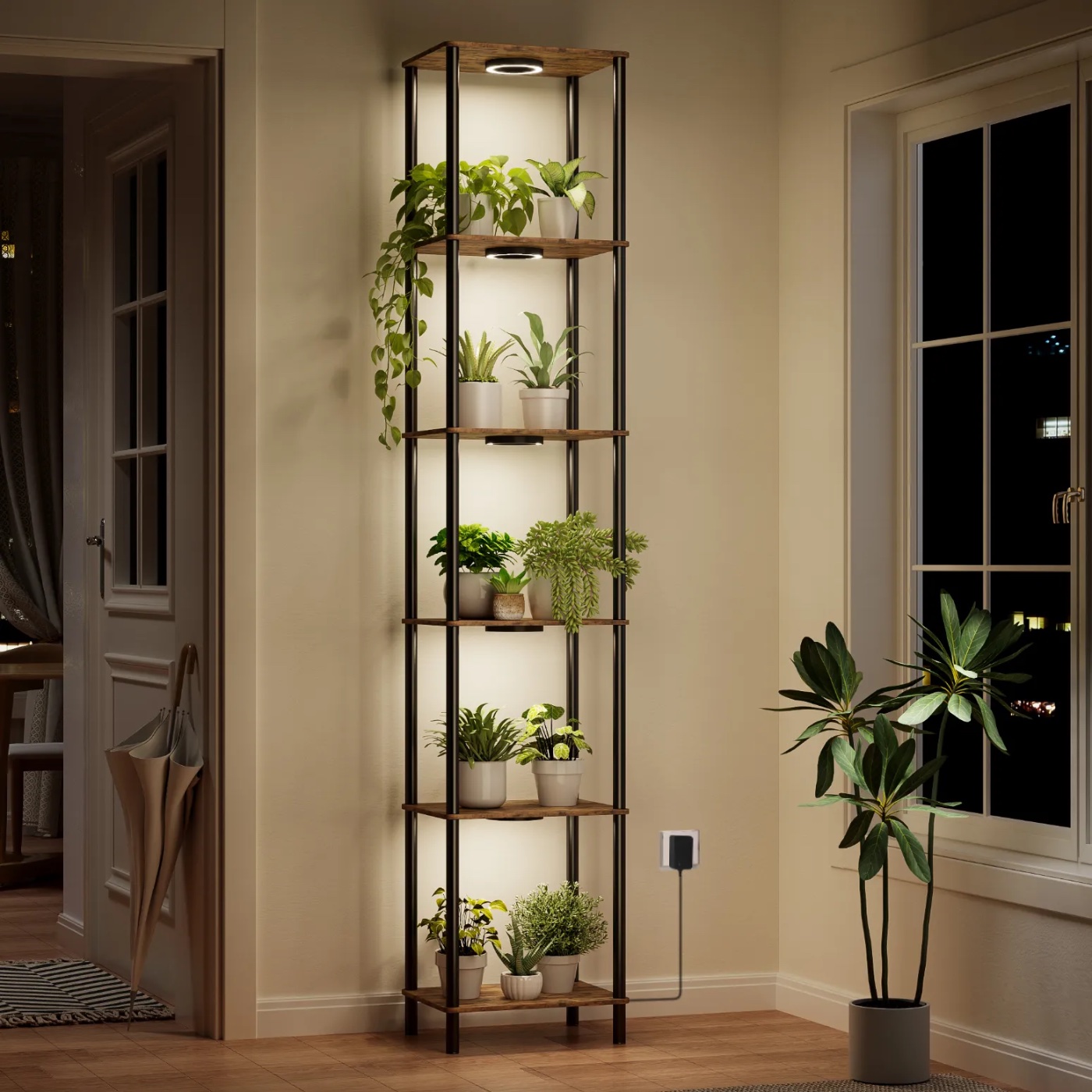 Estante para plantas con luz LED (soporte tipo torre, madera y metal)