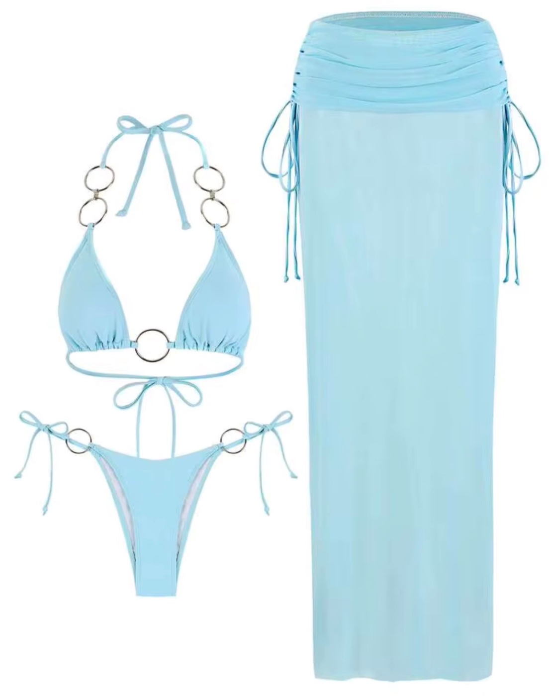 Conjunto de Bikini y Falda Larga con Anillos talla S!🌊🐙