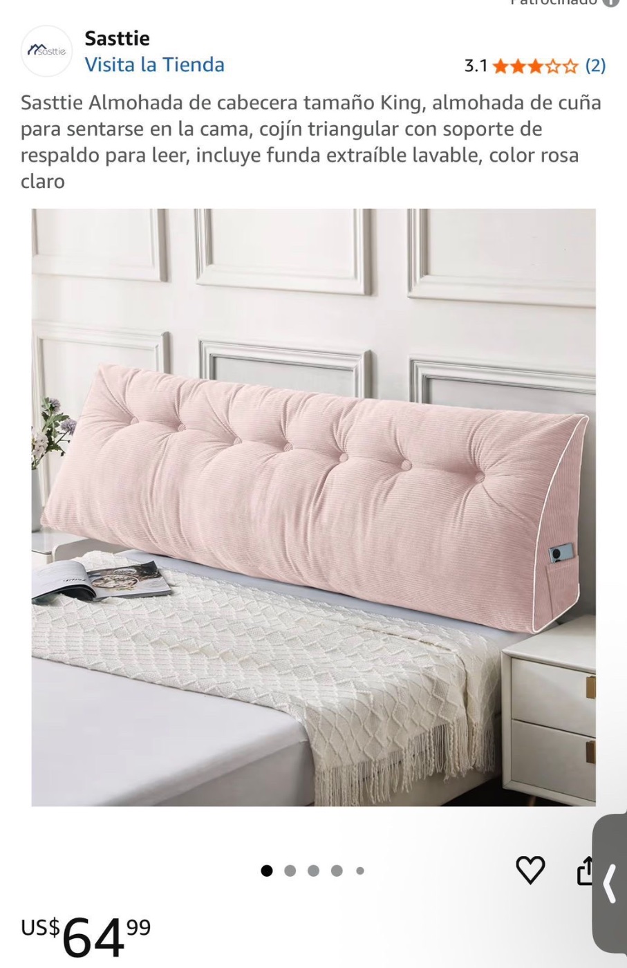 Sasttie Almohada de cabecera tamaño King (cojín tipo cuña) rosa claro